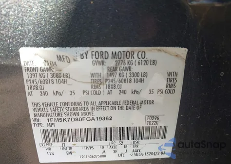 2015 Ford Explorer Xlt из США, поврежденный, VIN 1FM5K7D80FGA19362